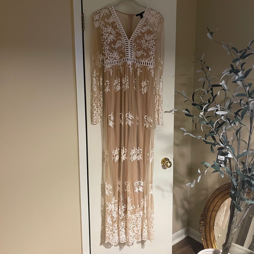 Floral Embroidered Mesh Maxi Dress in Nude/Cream